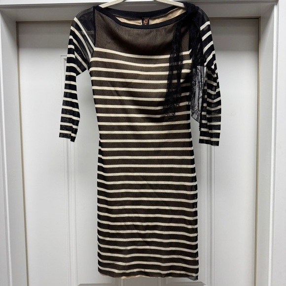 Jean Paul Gaultier Soleil Black & Cream Striped Sheer Bow Dress - Picture 2 of 13